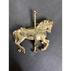 Vintage Carousel Horse Pony Pin Brooch Gold Tone Carnival Fair 2.25” Excellent